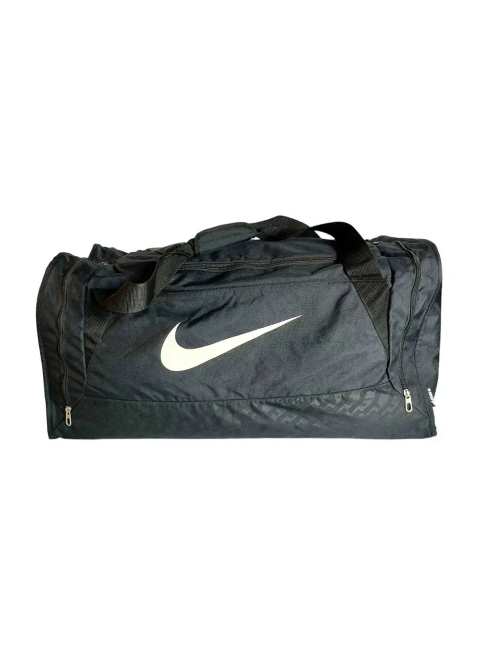 Nike Brasilia Duffle Bag Black White Swoosh Athletic Zip Side Pockets Gym Large